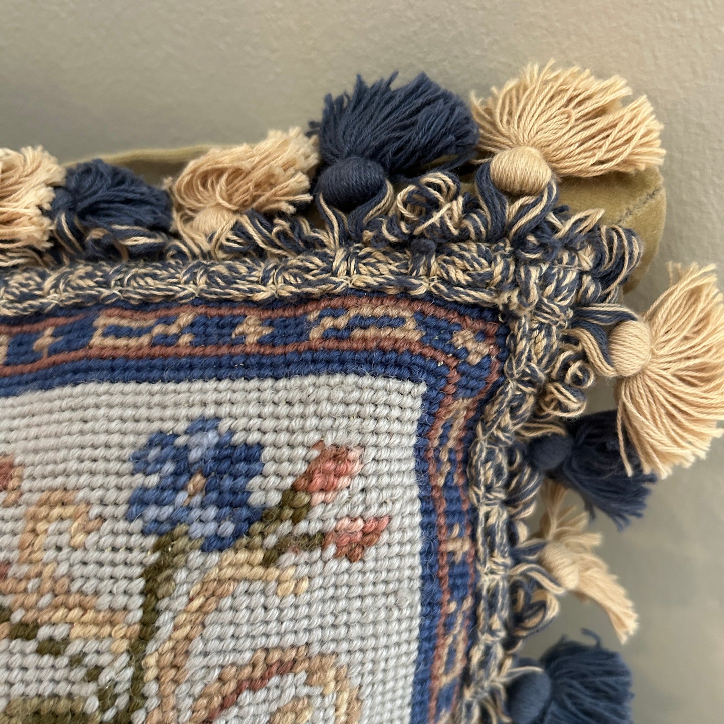 Beautiful blue botanical oversized custom needlepoint pillow 16 x 16