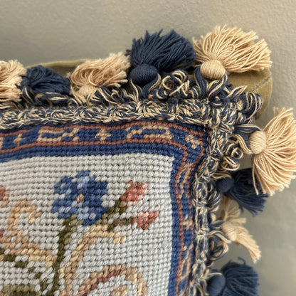 Beautiful blue botanical oversized custom needlepoint pillow 16 x 16