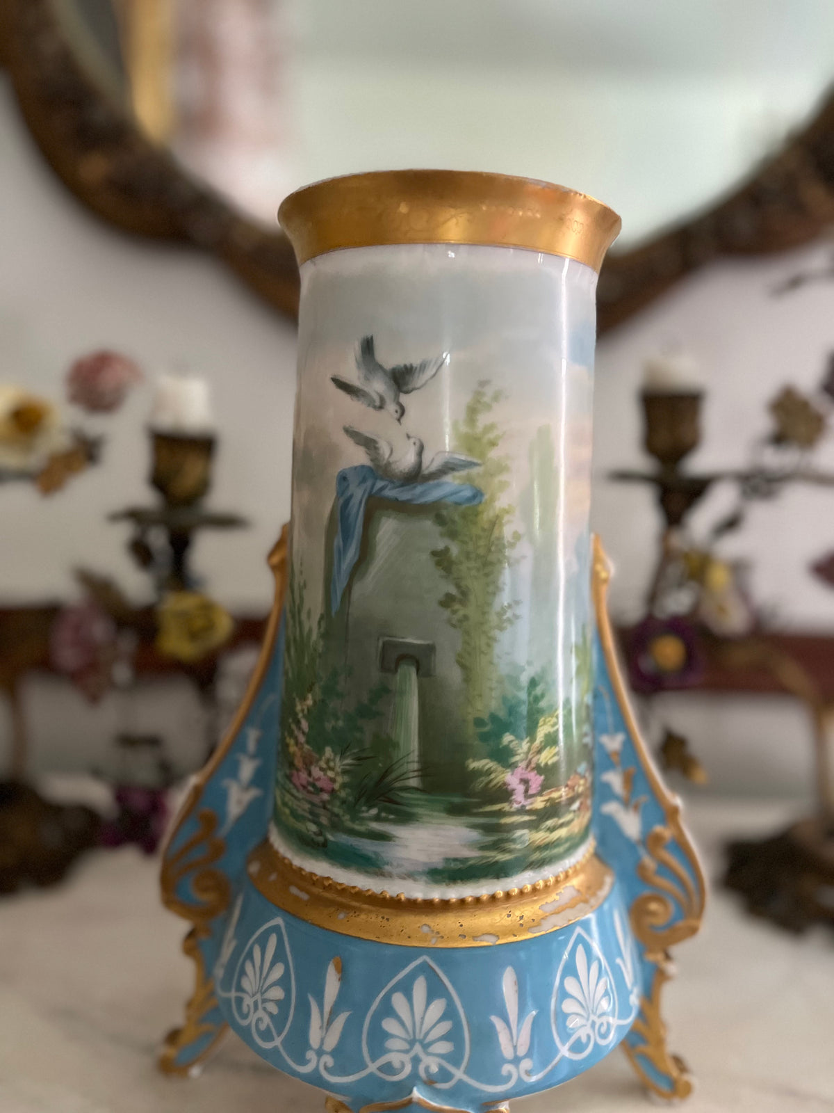 Antique French Paris Porcelain Tripod Vase, Bleu Céleste, Hand-Painted Maiden & Cupid, c. 1870