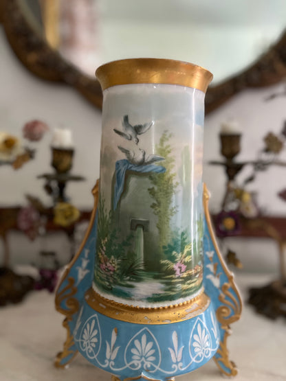 Antique French Paris Porcelain Tripod Vase, Bleu Céleste, Hand-Painted Maiden & Cupid, c. 1870