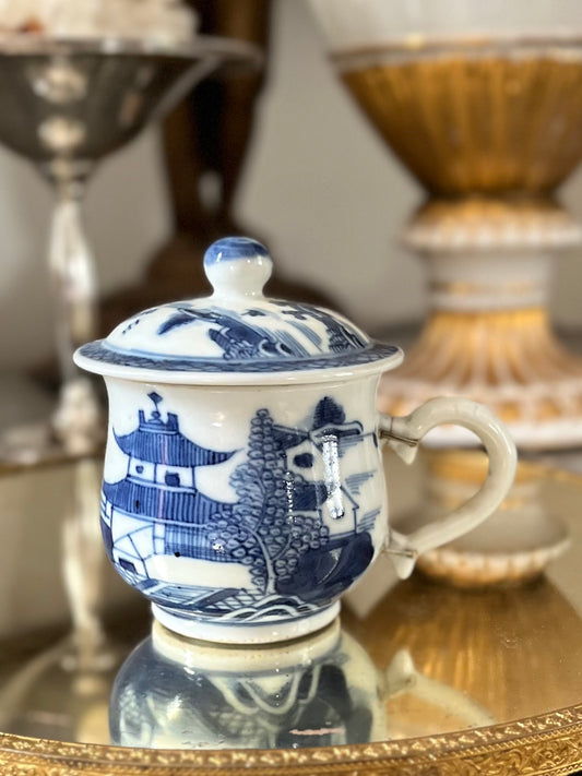 Antique Chinese Blue And White Syllabub / Crème Pot with Lid | Historic Staple Repair