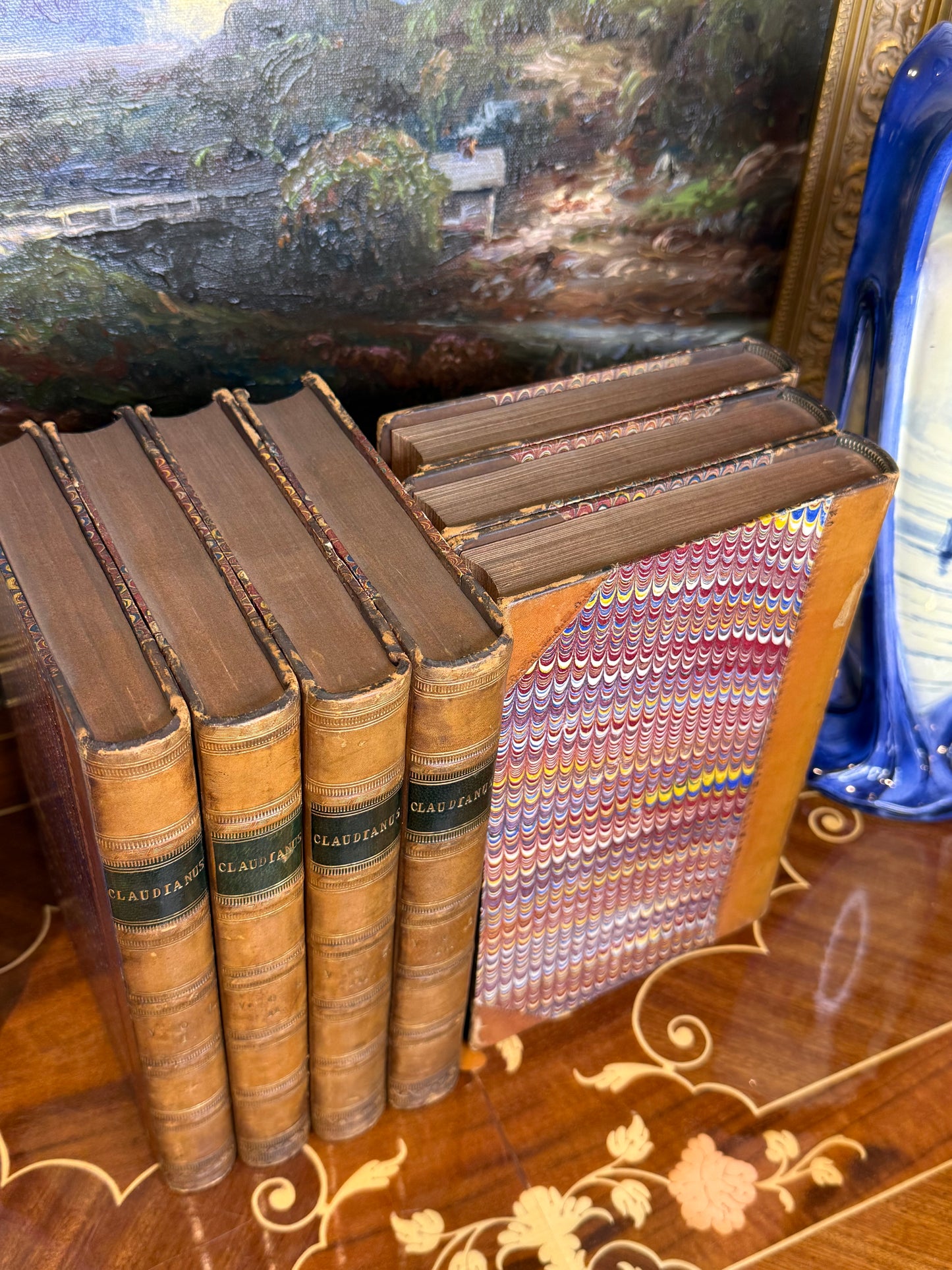 Antique Early 19th Century Latin Classical Library Book Collection, Set of 7 | Full Leather & Marbled Bindings | 1821–1823