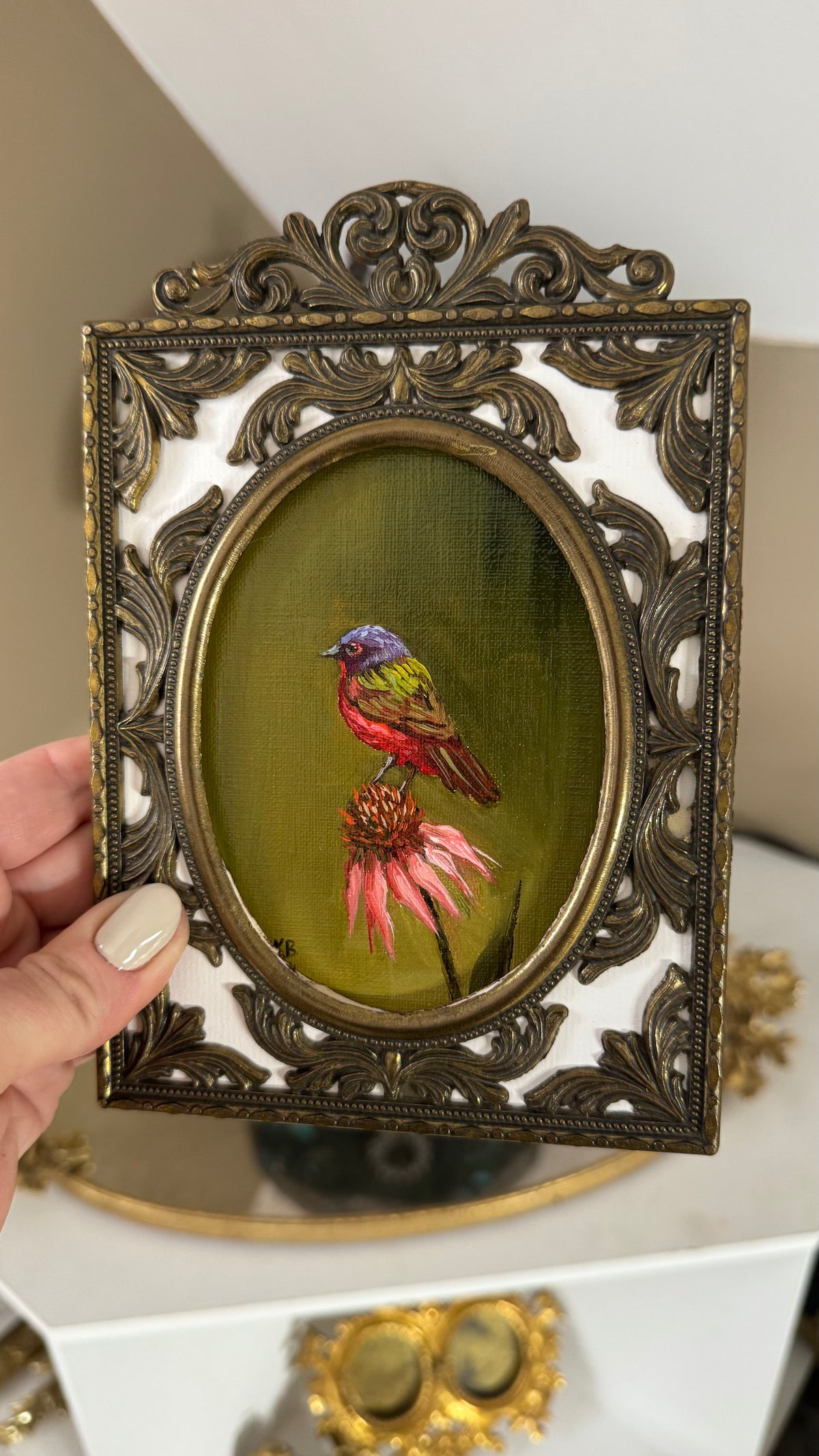 Day 3 challenge Painted bunting original oil painting in Italian brass vintage frame