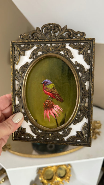 Day 3 challenge Painted bunting original oil painting in Italian brass vintage frame