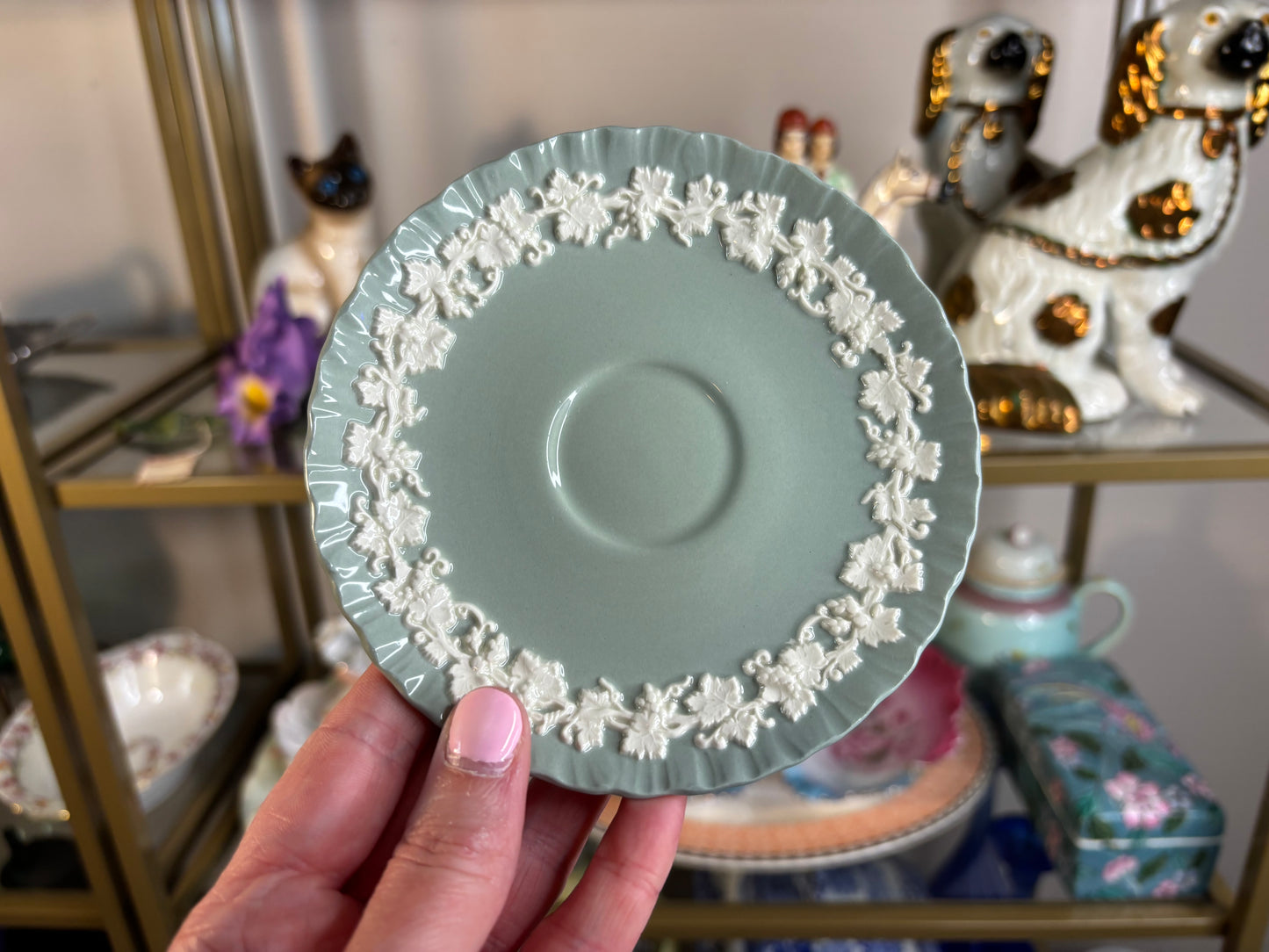 Lovely Wedgwood Queensware green and white teacup and saucer set!