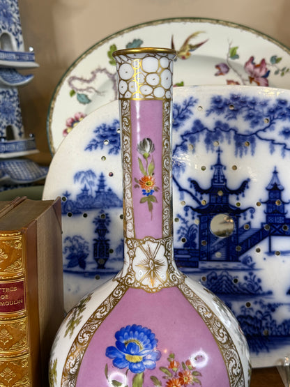 Antique Dresden Hand-Painted Cabinet Vase | Pink Ground & Gilt Porcelain | Romantic Scene | 9” Tall