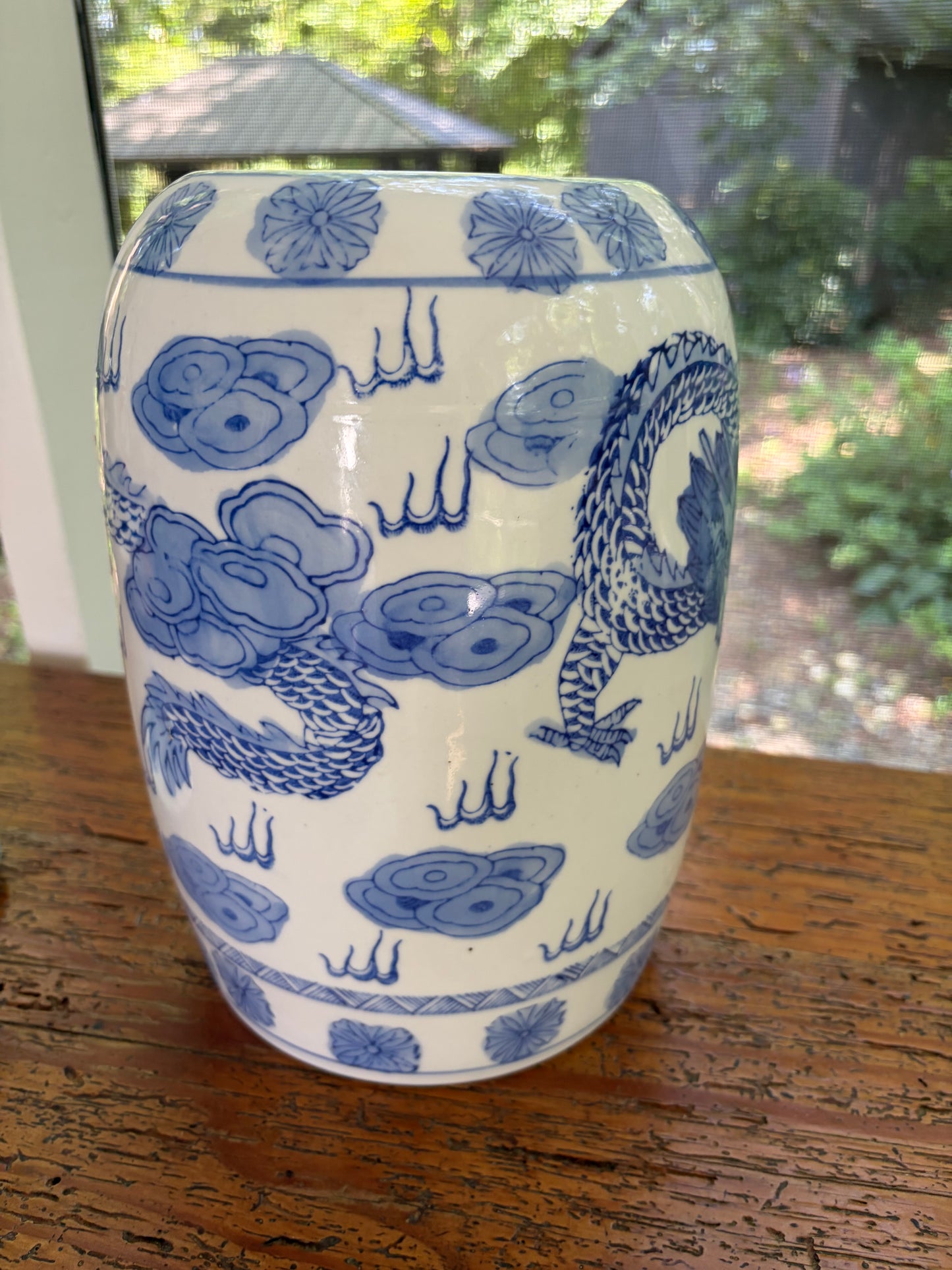 Chinoiserie blue and white lidded jar with dragons!