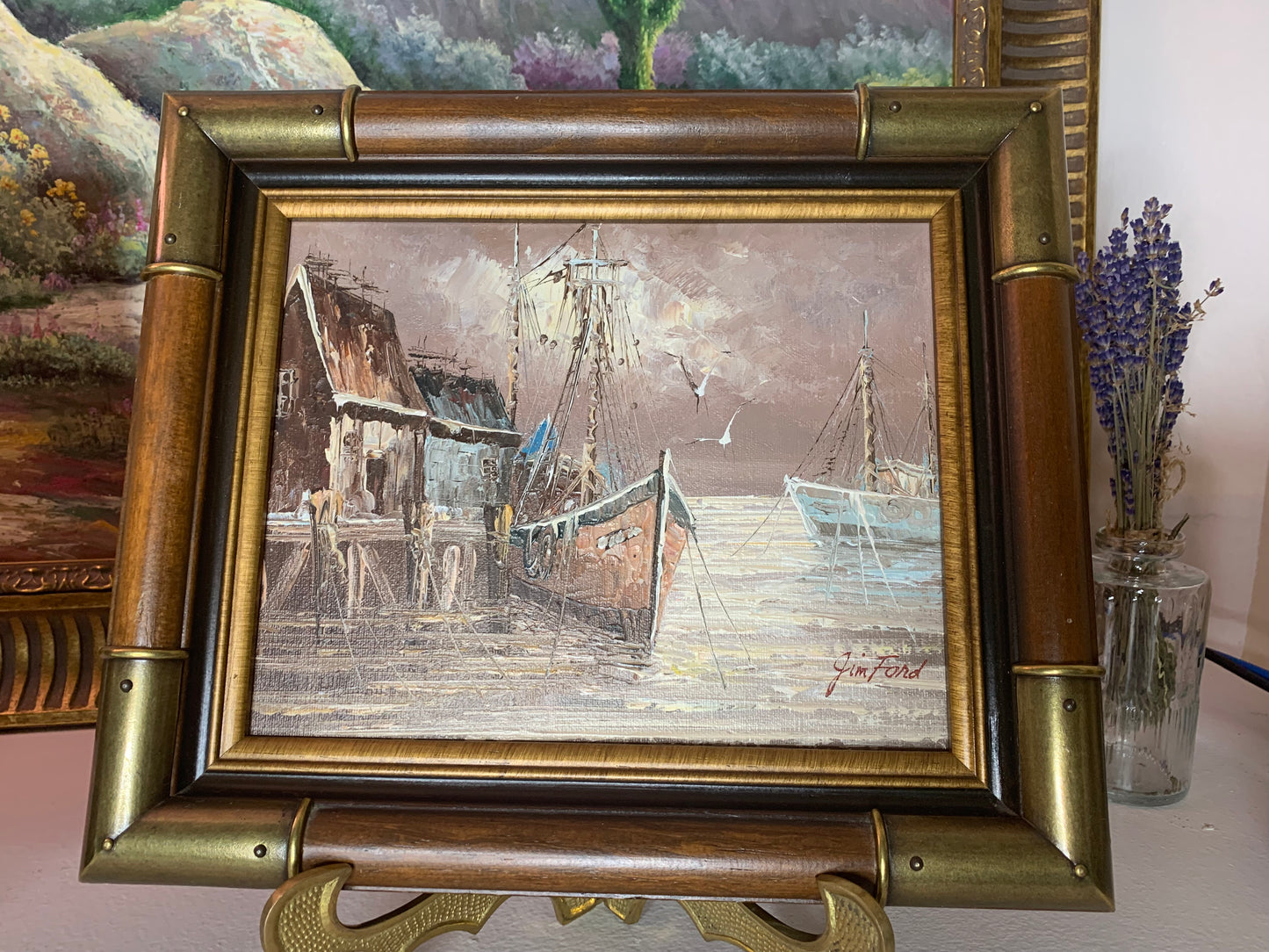 Lovely moody harbor side original framed and signed oil painting!