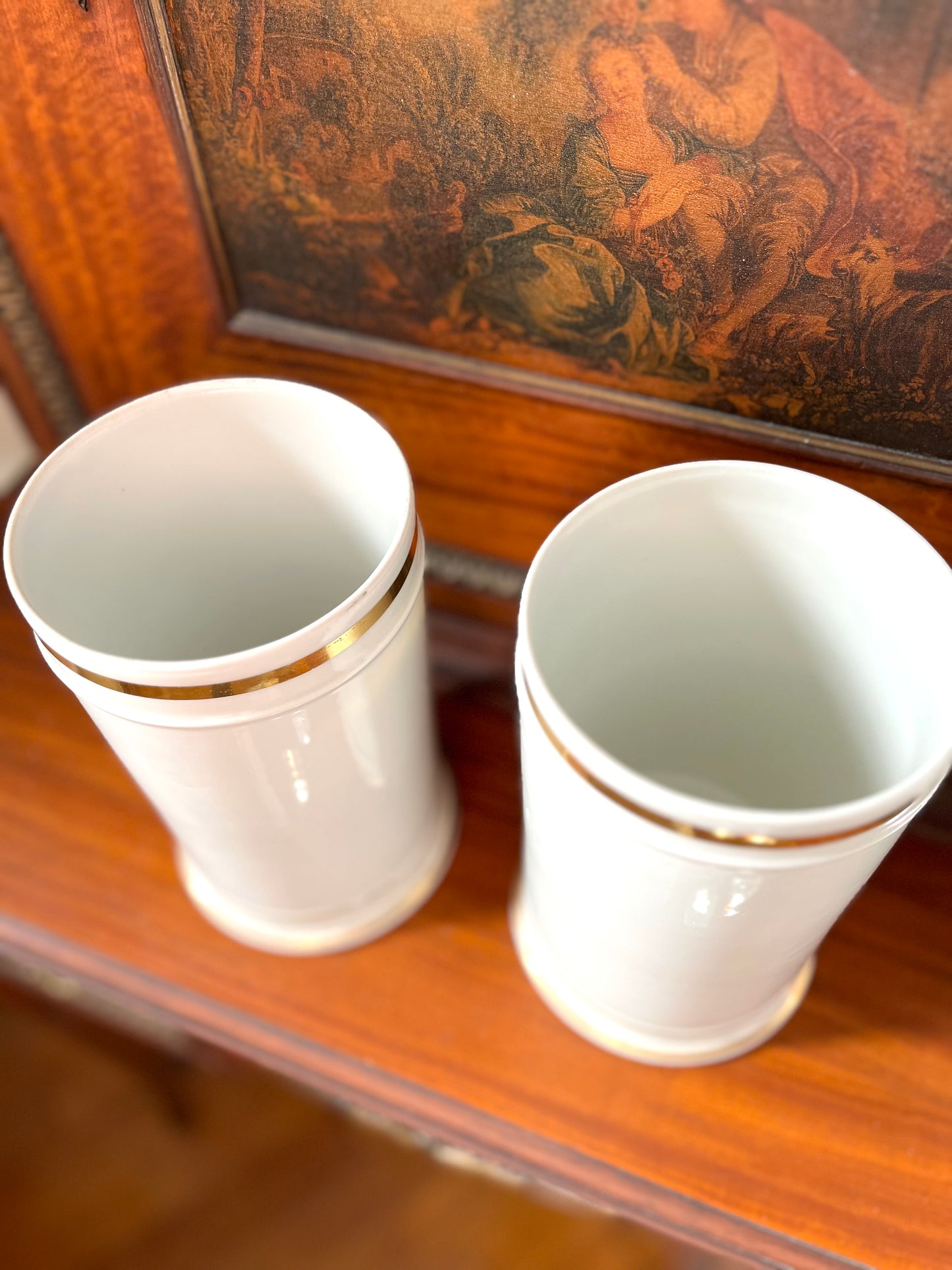 Pair of Antique French Porcelain Apothecary Jars with Portrait Medallions