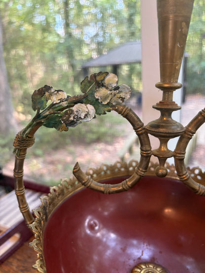 Lovely decorative brass centerpiece bowl or tazza featuring a reddish-maroon enameled body!
