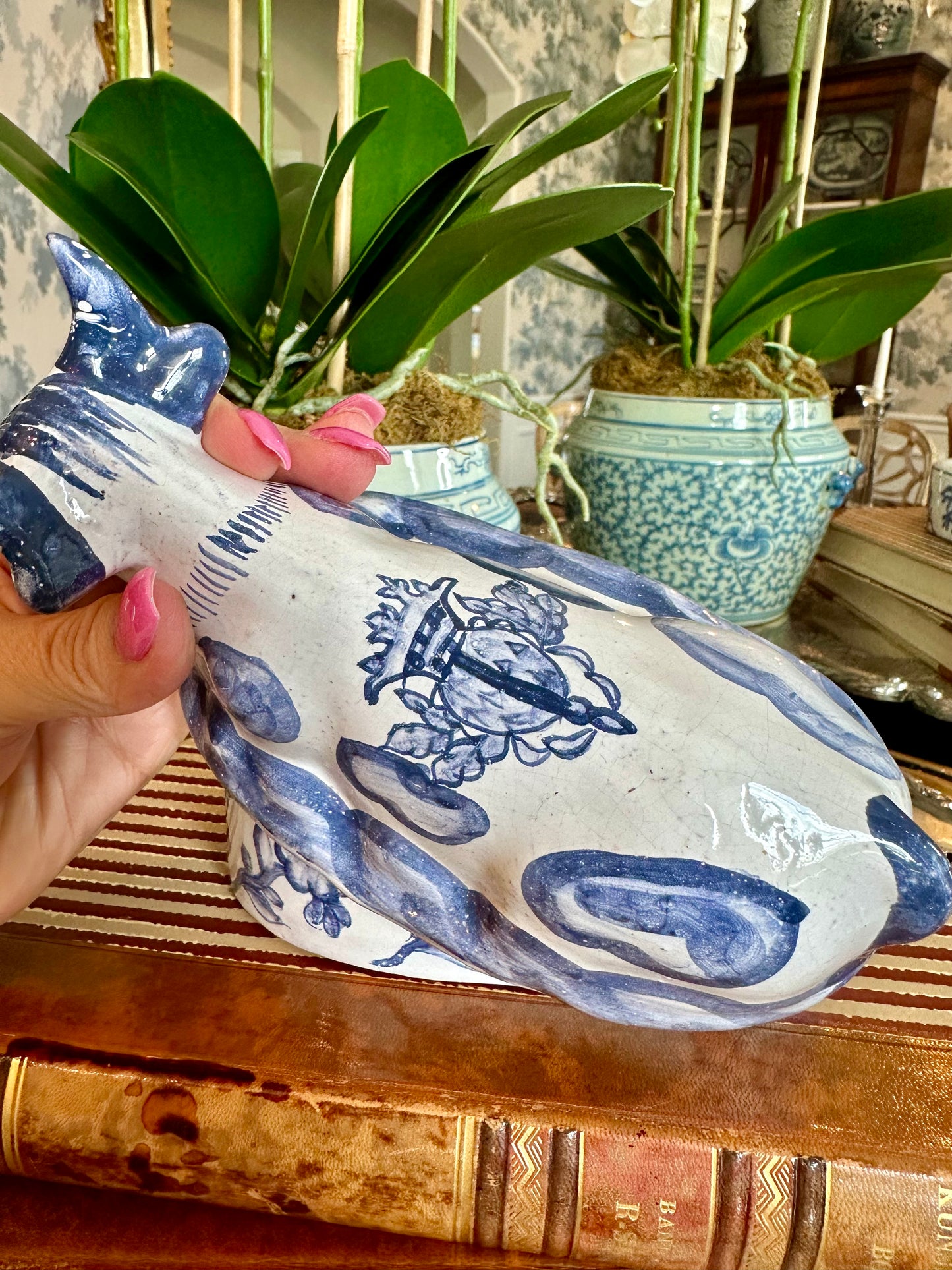 Darling Hand painted Blue & White Portugal Cow Covered Dish