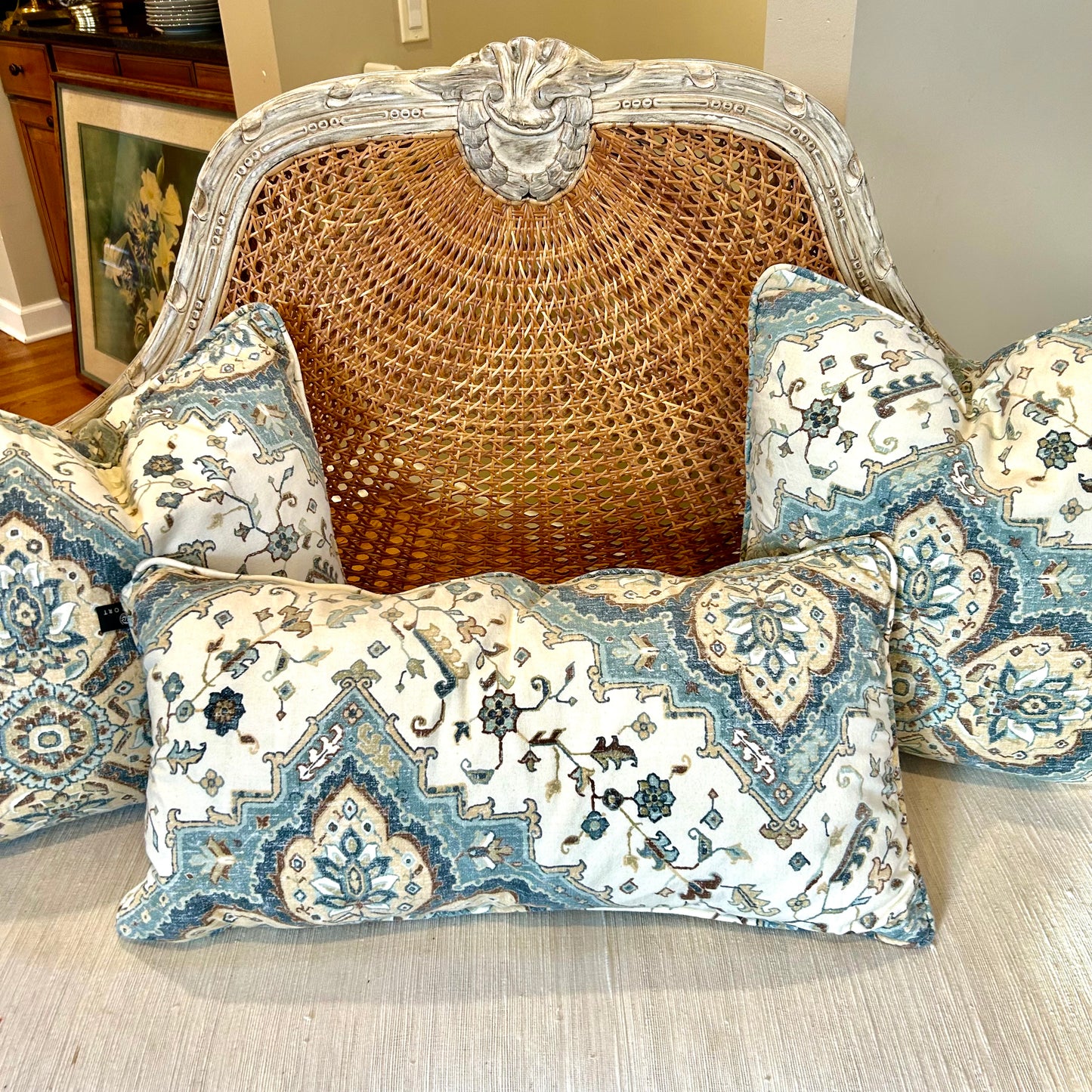 Set of 3 ivory, beige, and blues  designer pillows