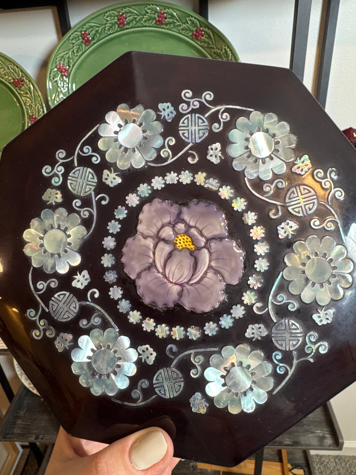 Vintage Korean Mother-of-Pearl Inlaid Octagonal Lacquer Tray