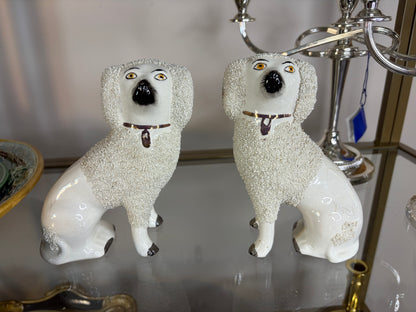 Antique Staffordshire Confetti Poodles with Separated Legs, Pair, 6.5” Tall, 19th Century