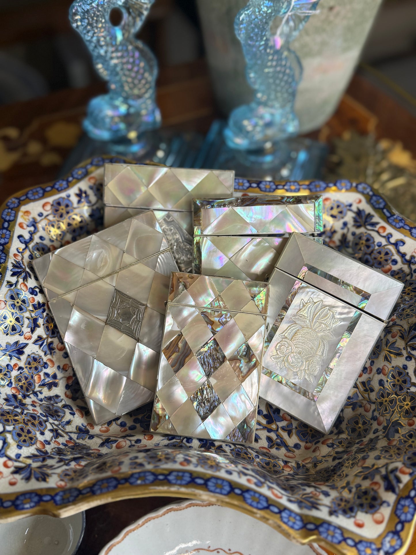 Antique Mother of Pearl Business Card Case with Silver Beehive Cartouche | Monogrammed HLF