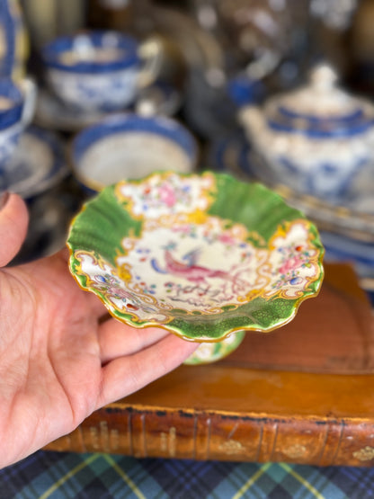 Rare Antique Minton Cockatrice Green Pedestal Compote | Miniature Tazza | Pheasant Bird | 4.5” | England