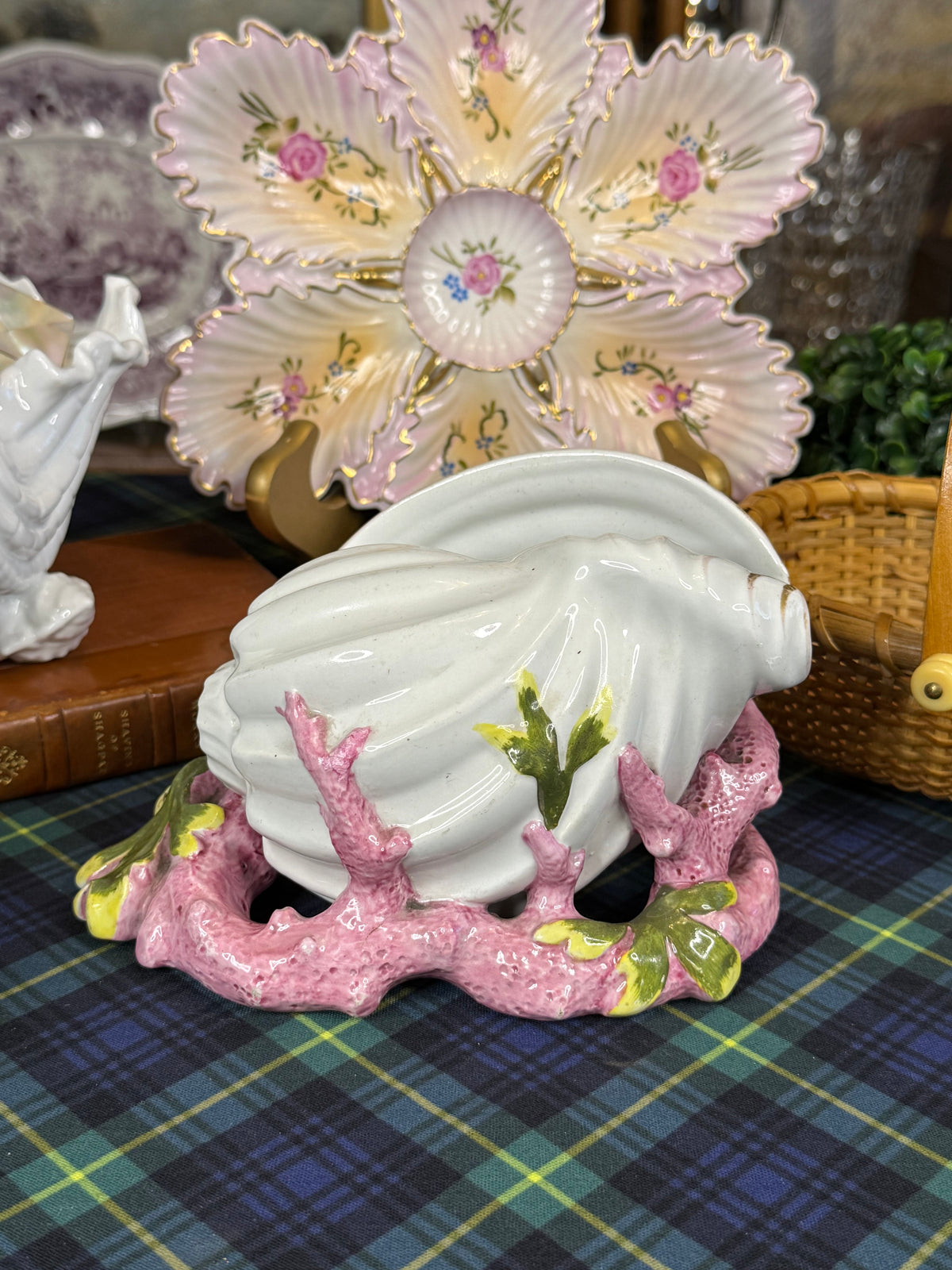 Antique 1860’s Copeland Majolica Conch Shell & Pink Coral Spoon Warmer | Victorian England