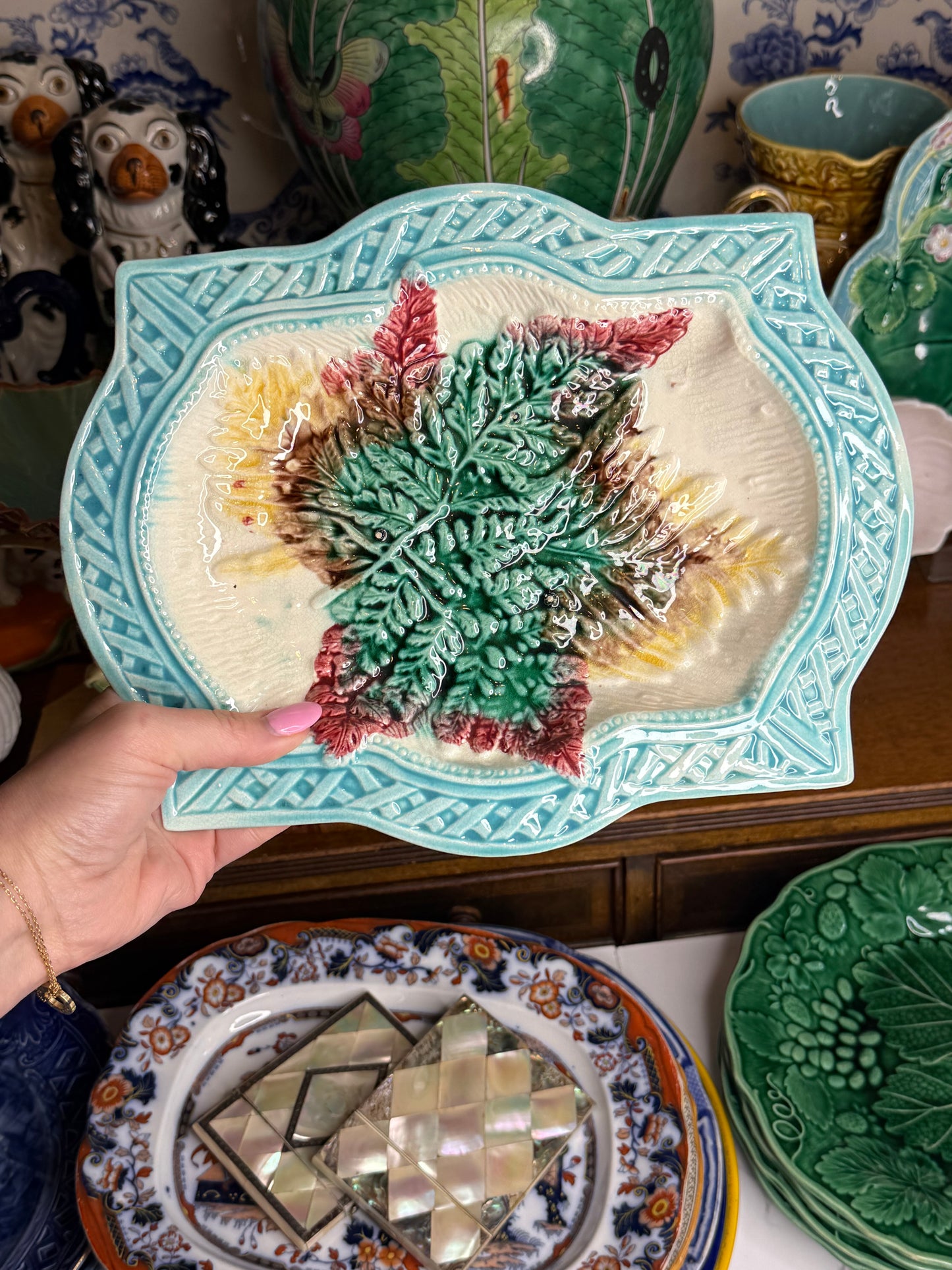 Antique French Majolica Fern & Leaf Serving Platter | Turquoise Basketweave Border | Victorian Faience | DA4528