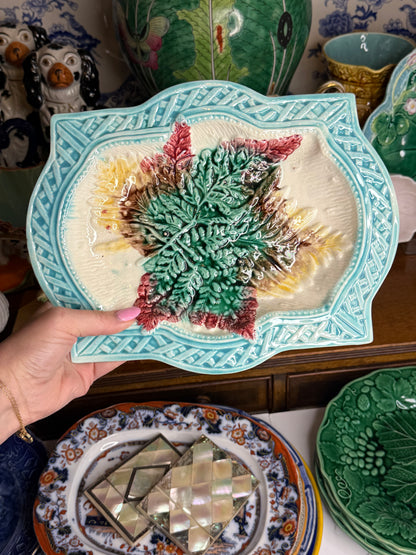 Antique French Majolica Fern & Leaf Serving Platter | Turquoise Basketweave Border | Victorian Faience | DA4528