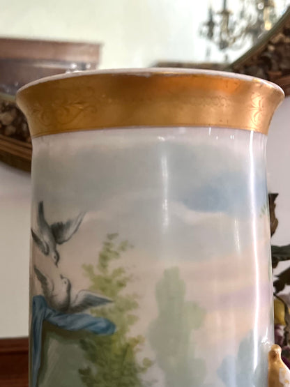 Antique French Paris Porcelain Tripod Vase, Bleu Céleste, Hand-Painted Maiden & Cupid, c. 1870