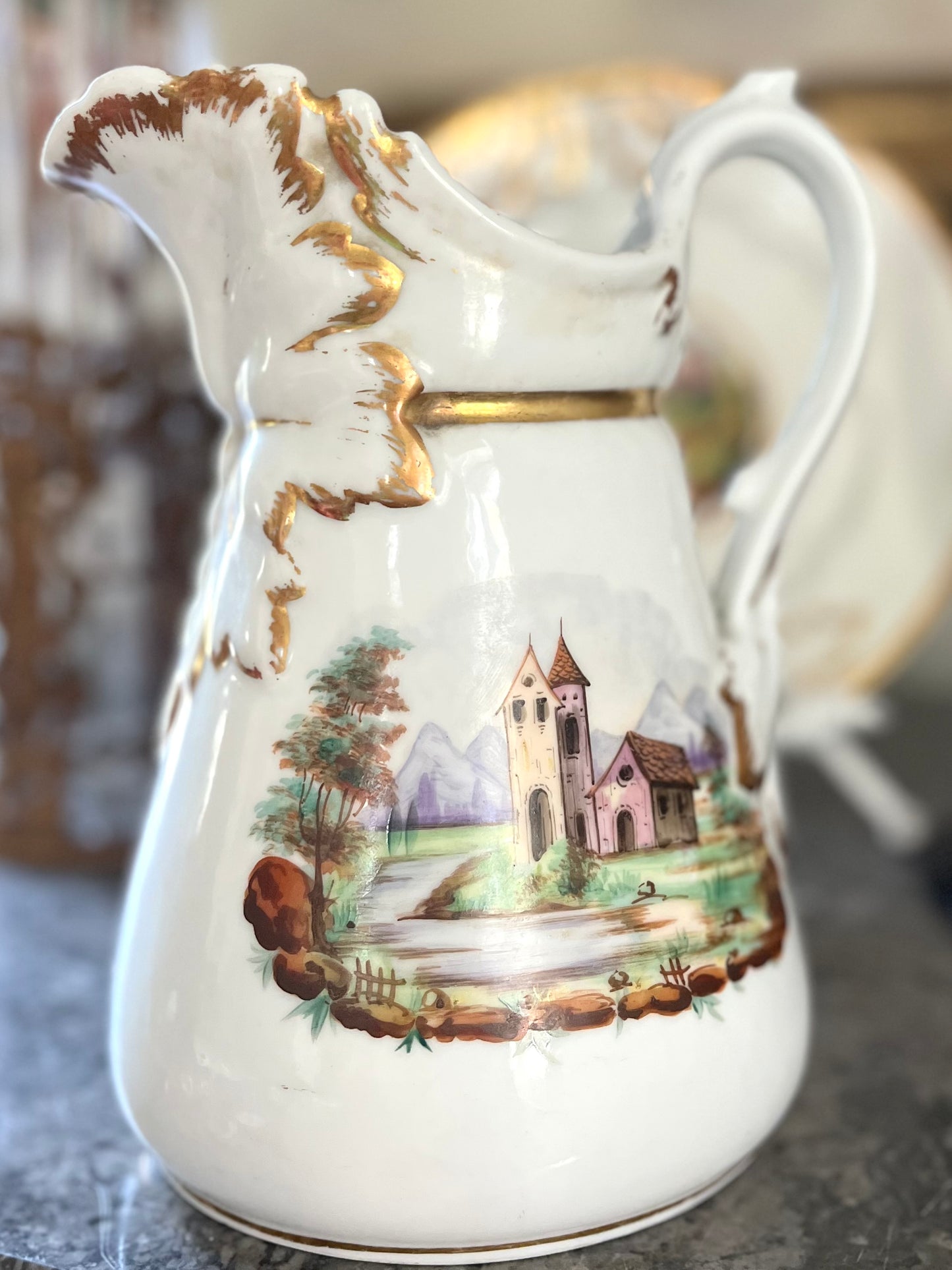 Gorgeous Paris Porcelain Pitcher/Milk Jug Hand Painted Landscape