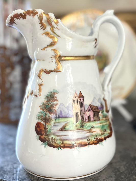 Live 06/15 Gorgeous Paris Porcelain Pitcher/Milk Jug And Plate Hand Painted Landscape