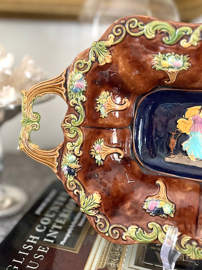 Live 08/18 A Romantic Antique Wilhelm Schiller & Son Majolica Figural Handled Tray, c.1880–1905