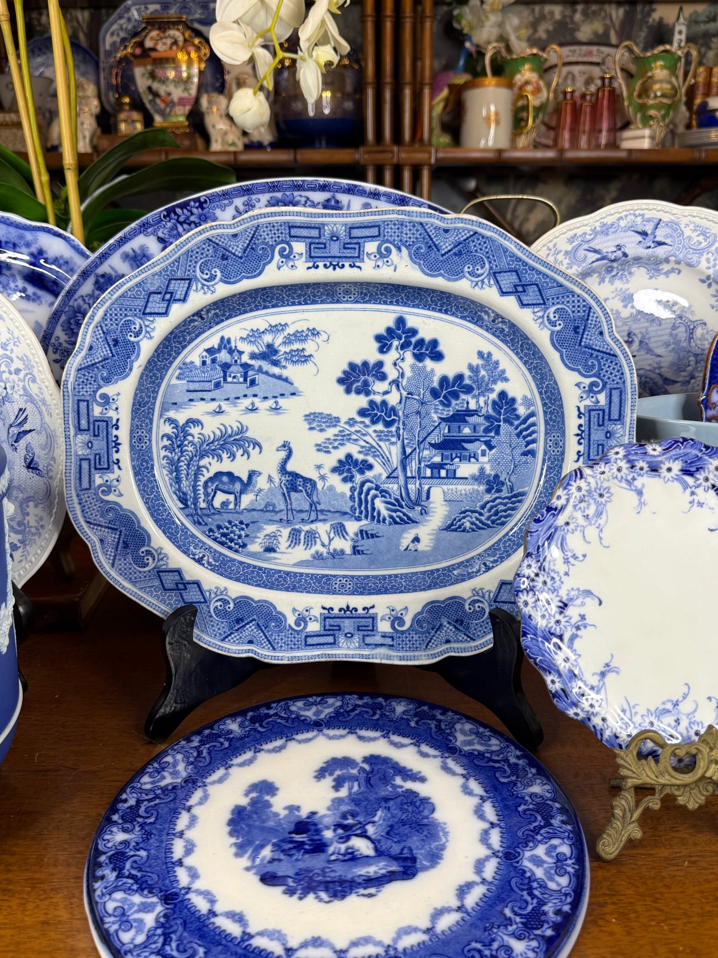 Minton “Camel and Giraffe” Blue & White Transferware Meat Dish / Platter | c.1815 | 13” L × 10” W | #DA4597