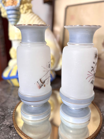 Unique Pair Of Hand Painted Bristol Glass Vases With Left/Right Hands And Flowers 9”