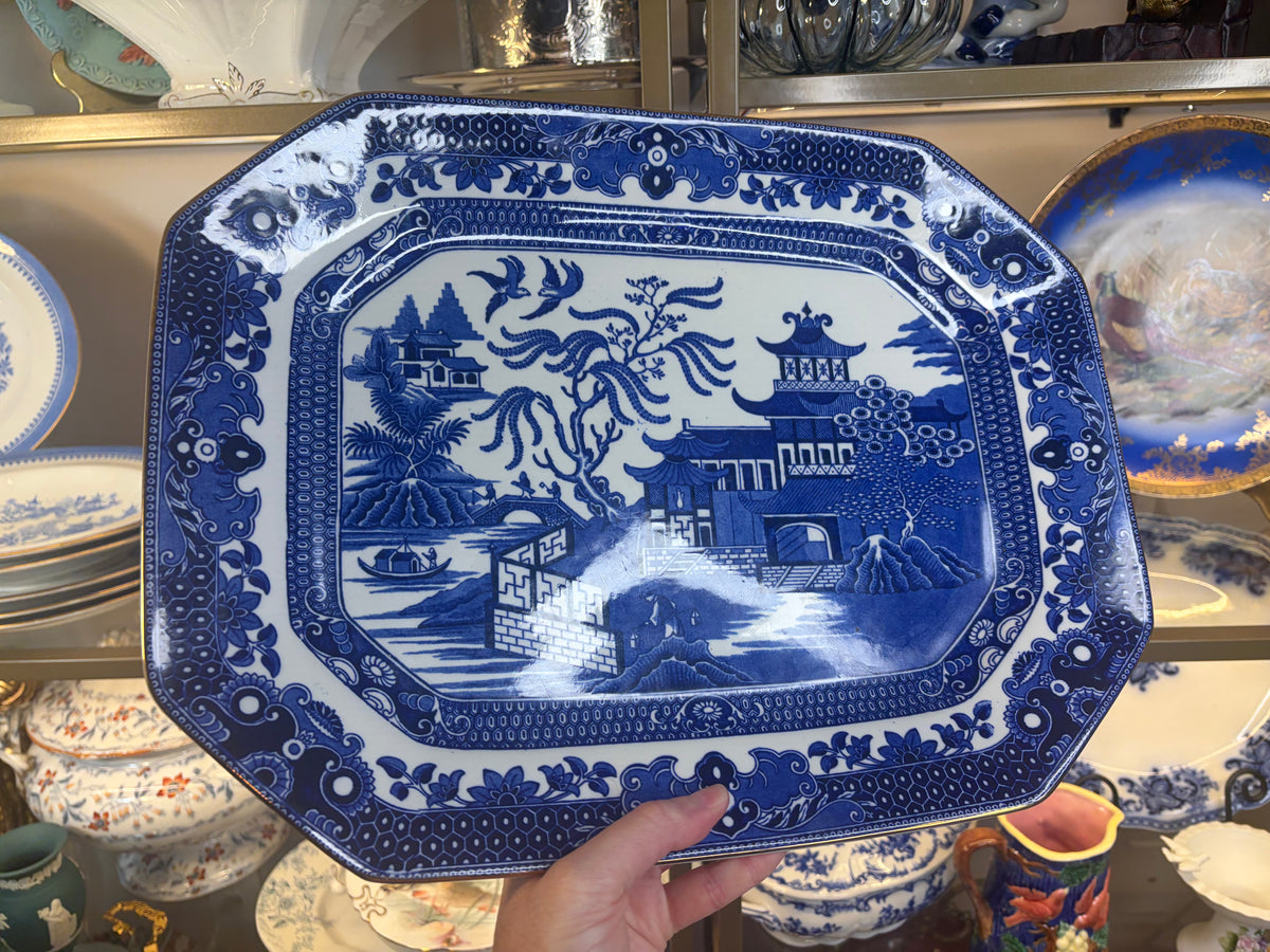 Lovely vintage Burleigh Ware Blue Willow 15.5” Serving Platter made by Burgess & Leigh in Burslem, England! Has gold rim! Circa 1920-1930