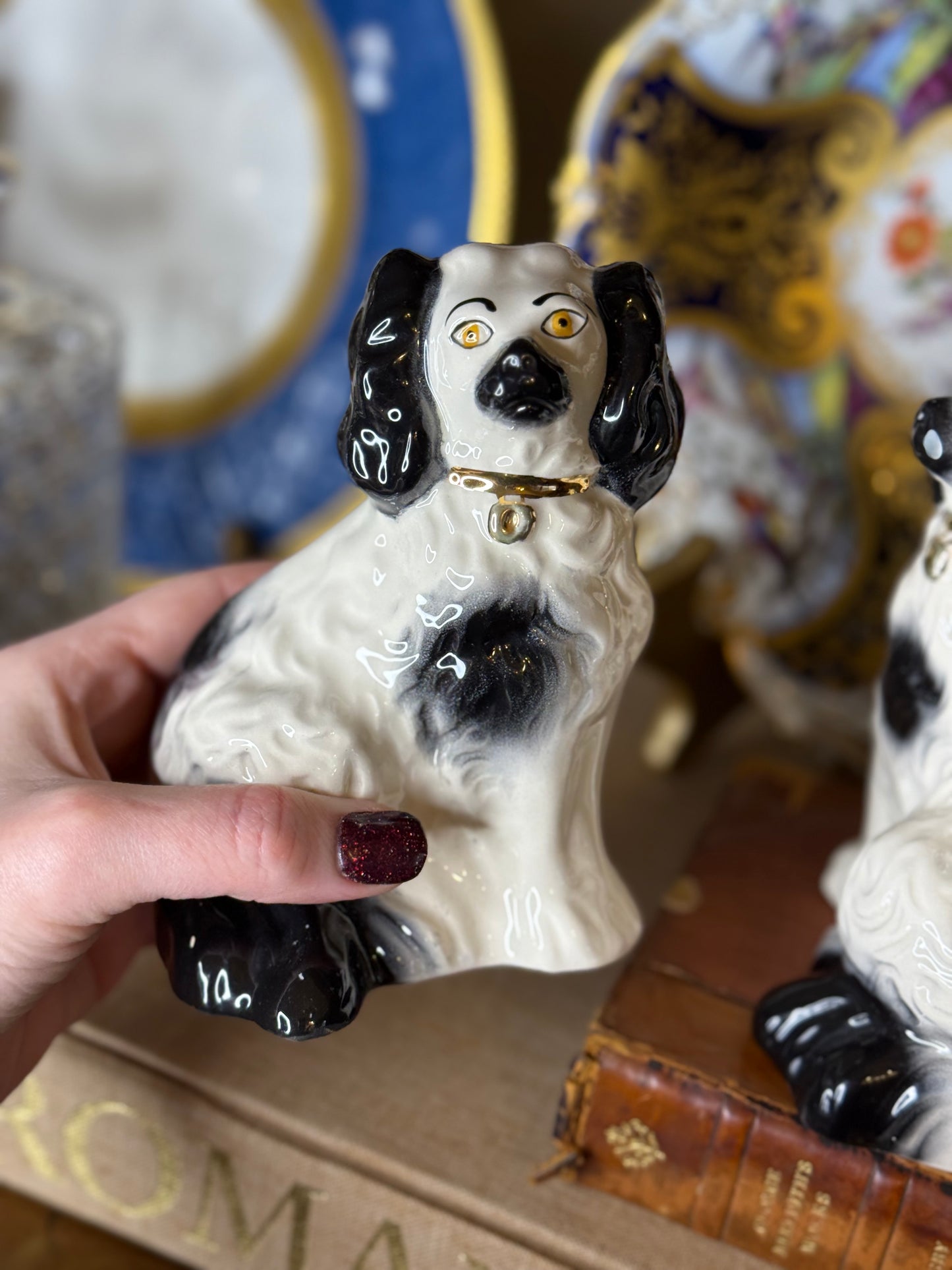 Vintage Beswick England Black & White Spaniel Figurines, 5” Tall: Pristine!