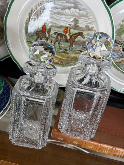 Antique T.G. Hawkes Cut Crystal Brandy & Whiskey Decanters, Pair with JBB Monogram & Faceted Stoppers, c.1900–1920, 8.5” H x 3” W | Pair