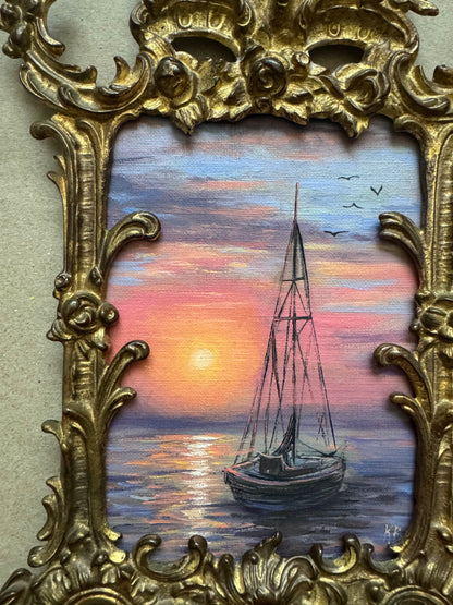 Original artwork seascape in antique brass frame 12x7”