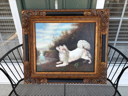 Beautiful signed painting of dog chasing a butterfly in ornate frame!