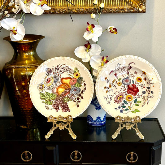 Set of two vintage hand painted fruit floral dinner plates