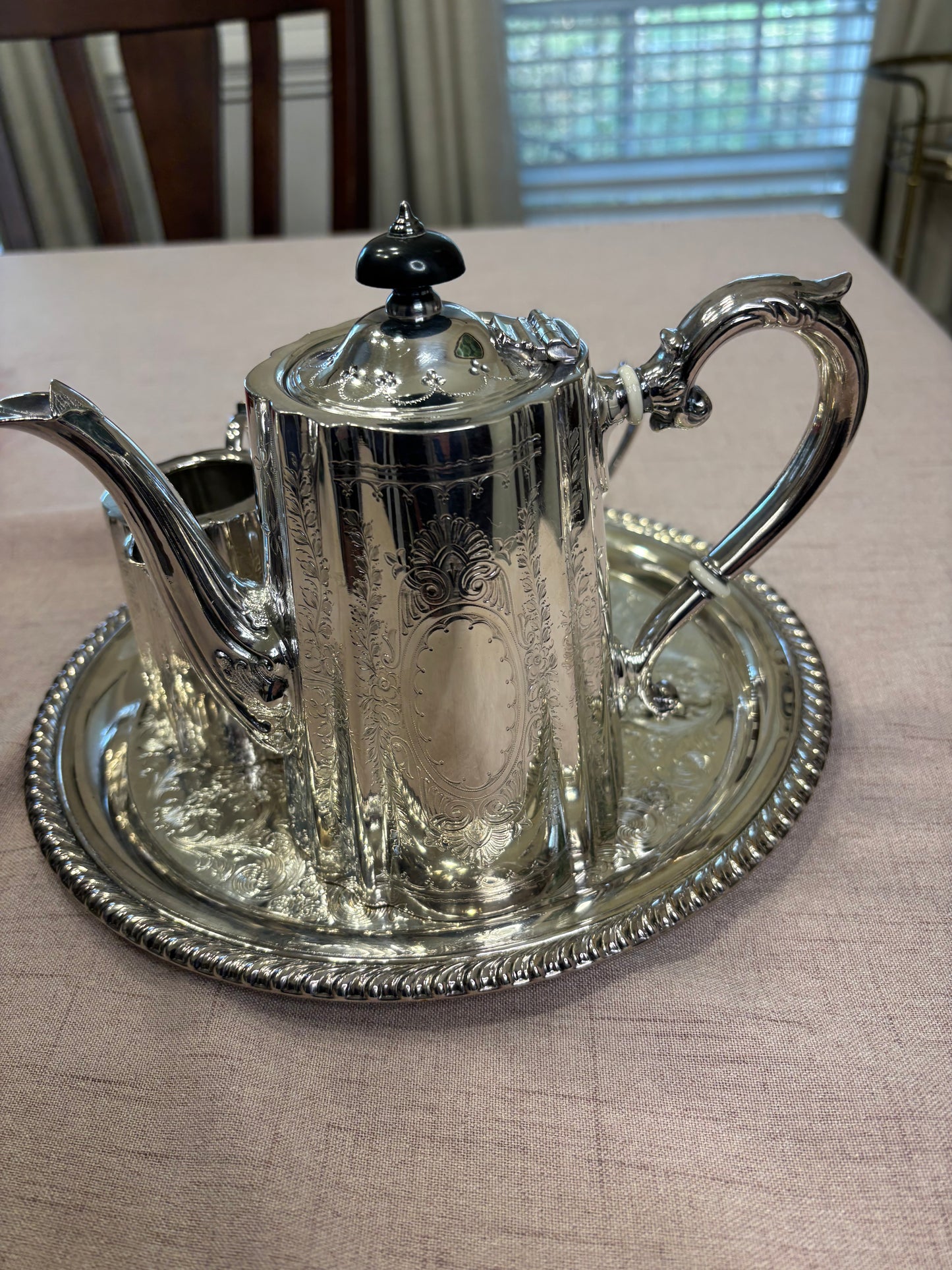 Stunning Barker Ellis three piece tea set! Includes pitcher, creamer, and sugar!