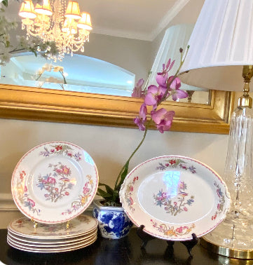 Set of 7 vintage porcelain rose canton chinoiserie designer dinner plates