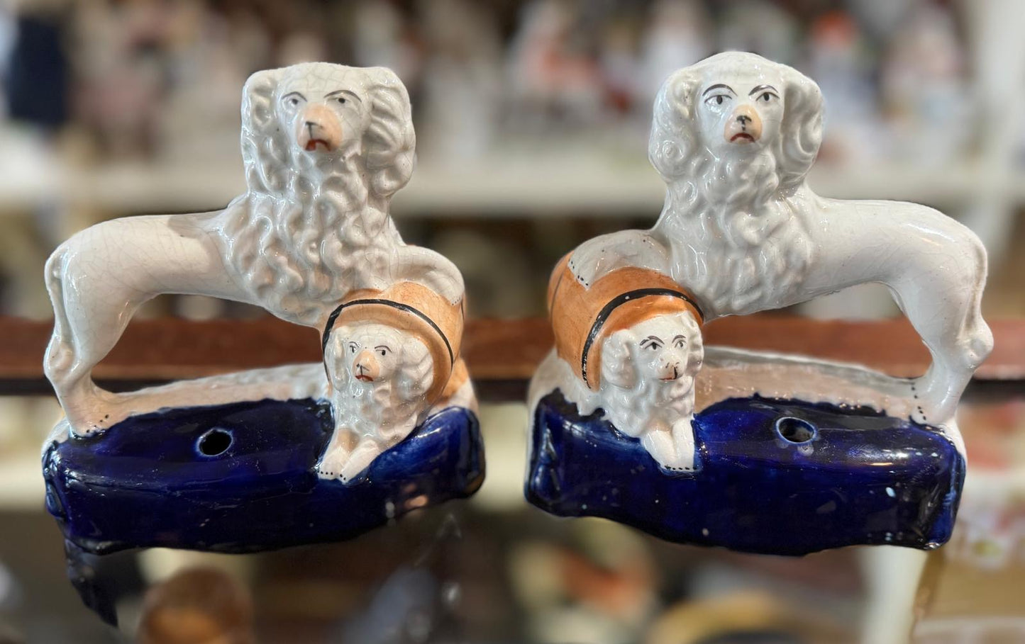 Antique Pair, 19th Century Staffordshire Spaniel Dogs with Puppy in Barrel #DA4422