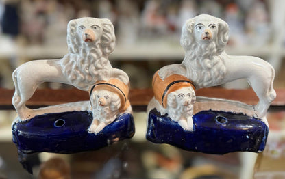 Antique Pair, 19th Century Staffordshire Spaniel Dogs with Puppy in Barrel #DA4422