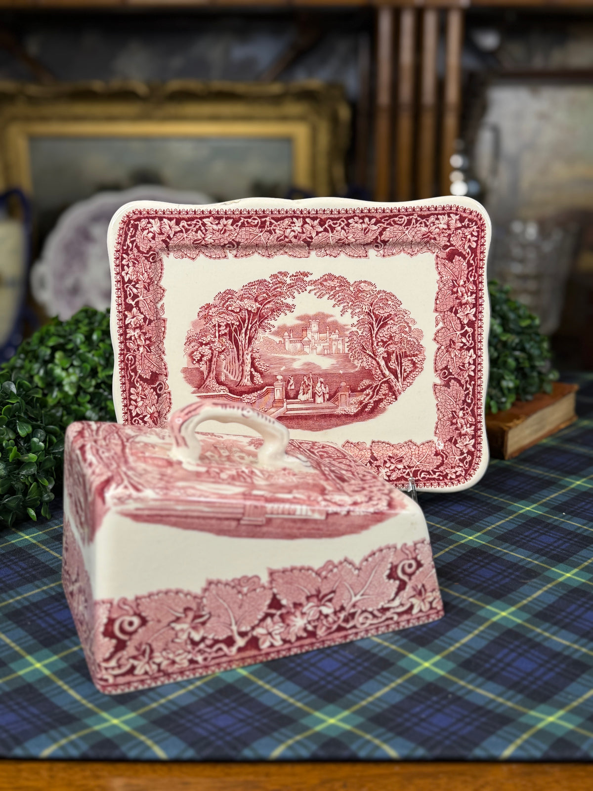 Vintage Mason’s Vista Pink Transferware Covered Cheese Dish & Underplate | England