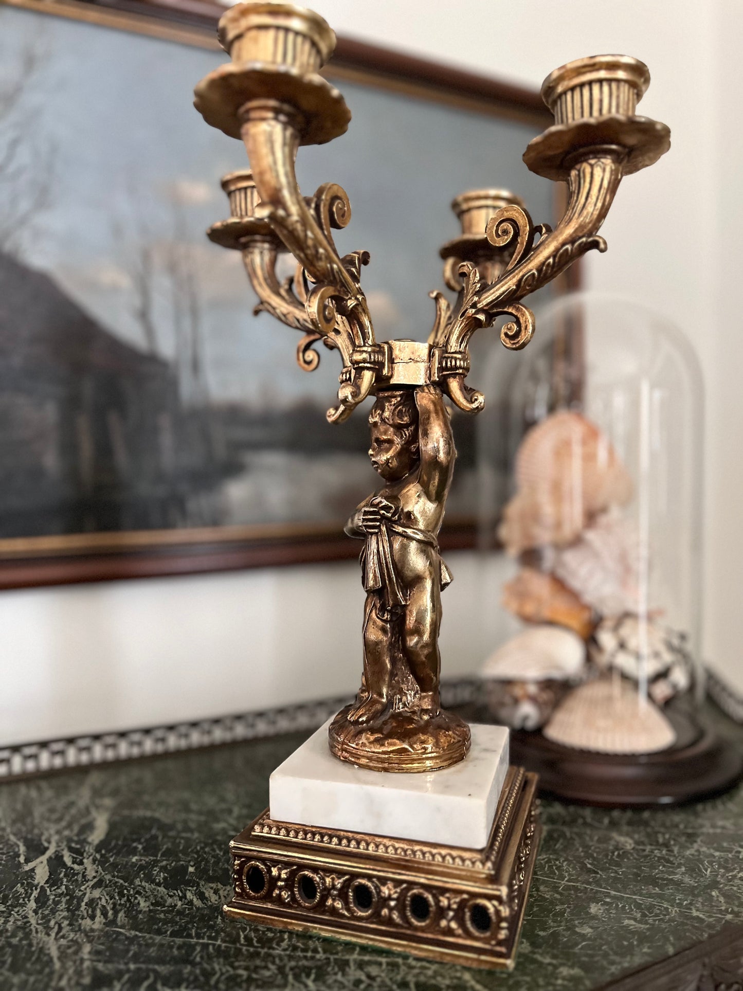 Chateau Style Gilt Cherub Candelabra - 4 Arms With Marble Plinth