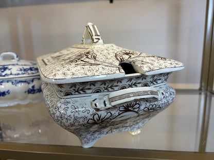 Stunning antique Ridgways brown transferware lidded tureen featuring birds! As is!