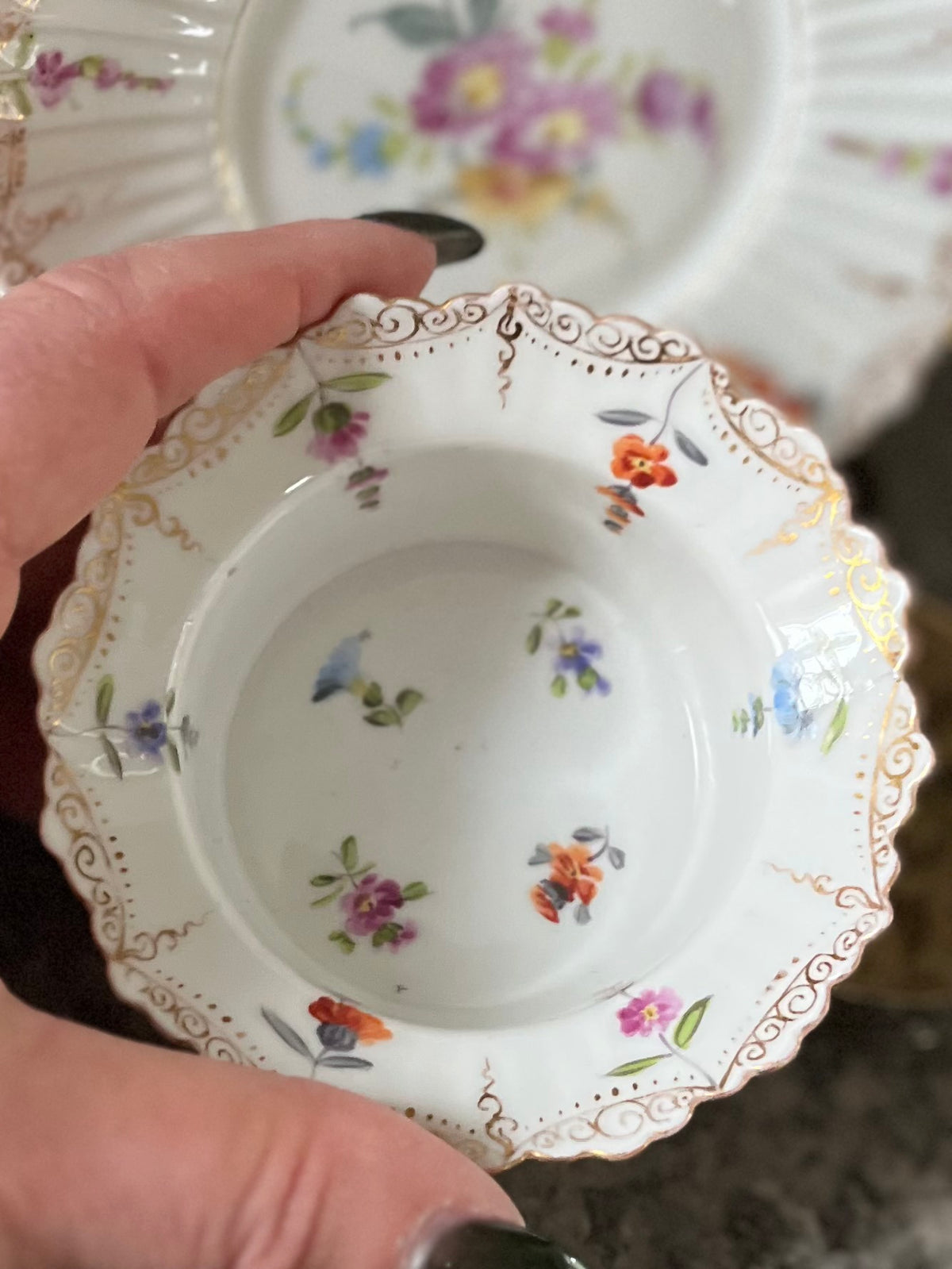 Antique Set of 8 Richard Klemm Dresden Pleated Hand-Painted Floral Petite Bowls And Plates c. 1890–1916