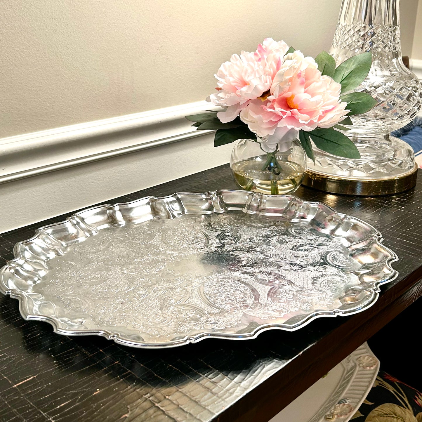 Sparkling vintage Silver plate scalloped baroque tray stamped by maker