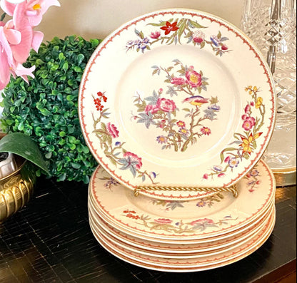Stunning Set of 7 vintage porcelain rose canton chinoiserie designer dinner plates plus platter