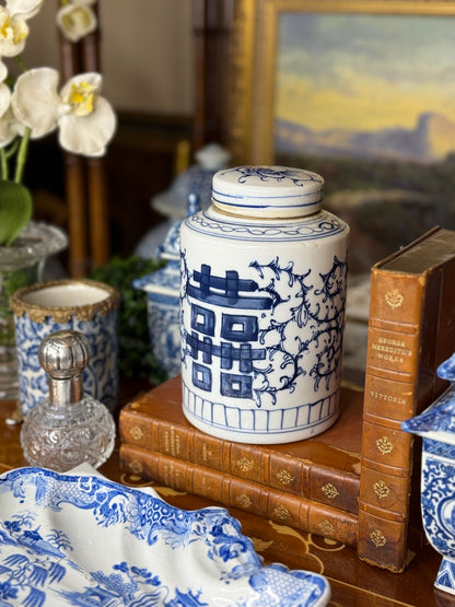 Danny's Fine Porcelain: Blue & White, 7" Tall Double Happiness, Hand Painted Tea Caddy Jar