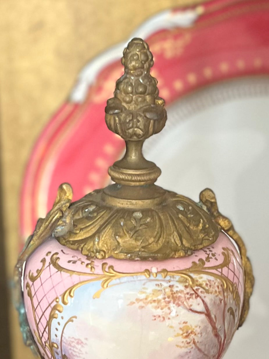 Antique French Sevres Style Porcelain & Bronze Ormolu Garniture Urns – Hand Painted Landscapes