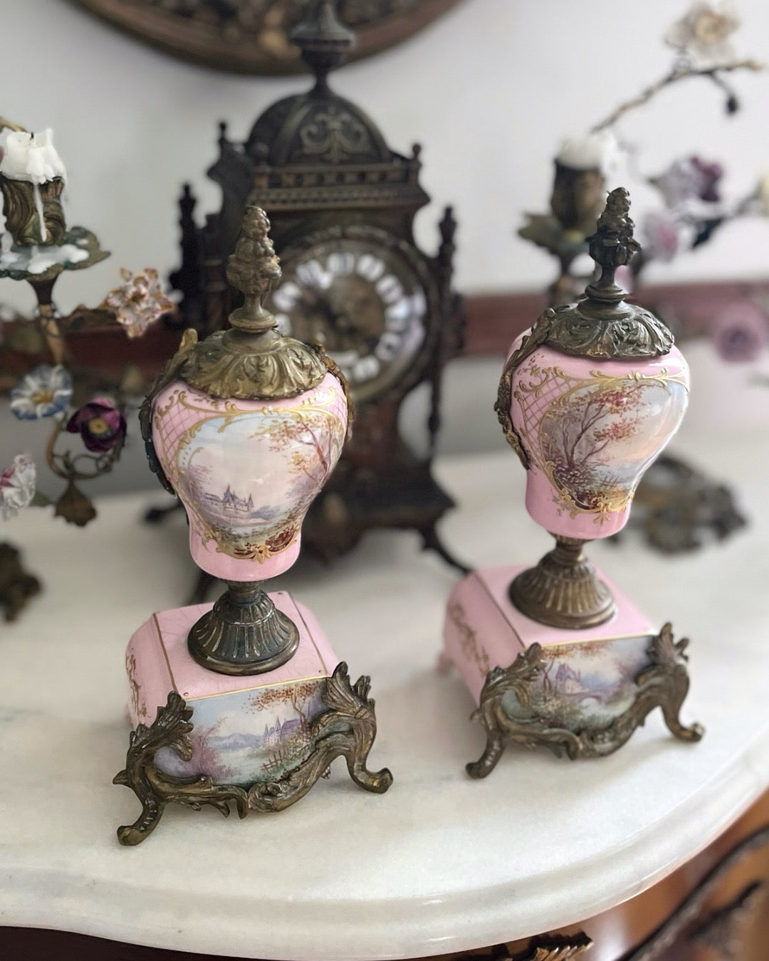 Live 08/18 Antique French Sevres Style Porcelain & Bronze Ormolu Garniture Urns – Hand Painted Landscapes