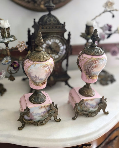 Antique French Sevres Style Porcelain & Bronze Ormolu Garniture Urns – Hand Painted Landscapes