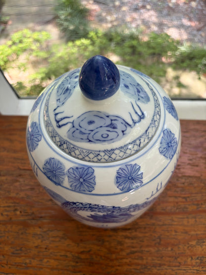Chinoiserie blue and white lidded jar with dragons!